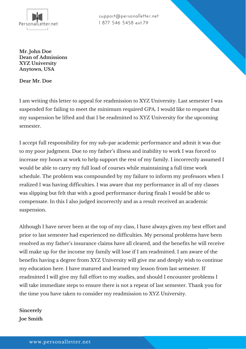 Academic Suspension Appeal Letter Examples from www.personalletter.net