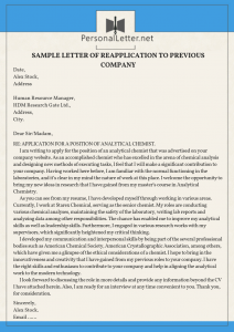 professional sample letter of reapplication to previous company